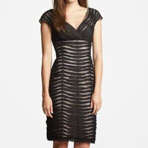 Adrianna Papell Mesh Black Tan Overlay Sheath Cocktail Dress Sz 14P